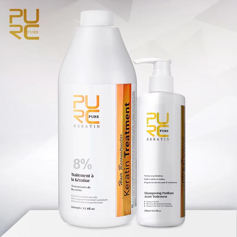 

PURC 1000 мл Кератин 300 мл Шампунь Выпрямление волос Лечение вьющихся волос Средства для устранения завитков Бразильский разглаживающий кератин 8 Degree Keratin Set белый