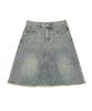 CHICKS Vintage Washed Cut-Off Midi Denim Skirt Deep Blue