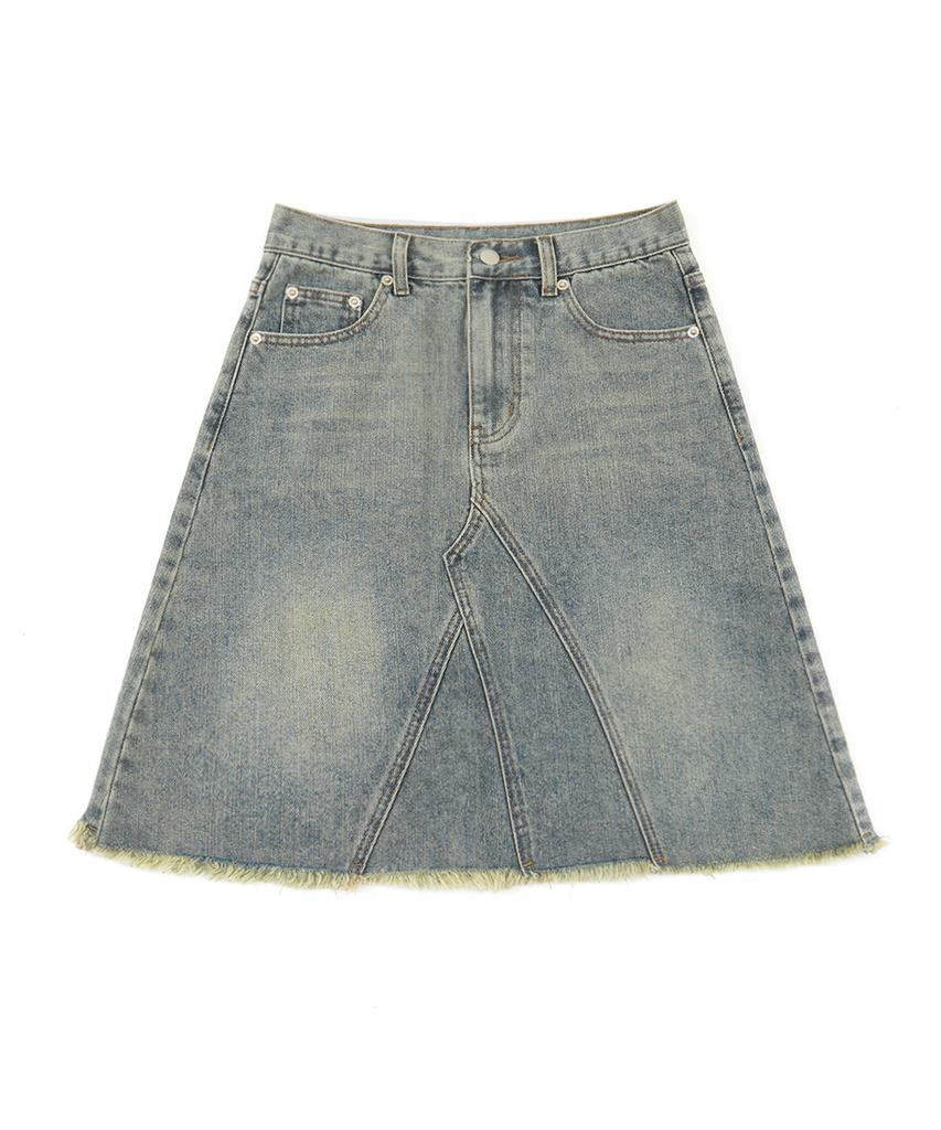 CHICKS Vintage Washed Cut-Off Midi Denim Skirt Deep Blue