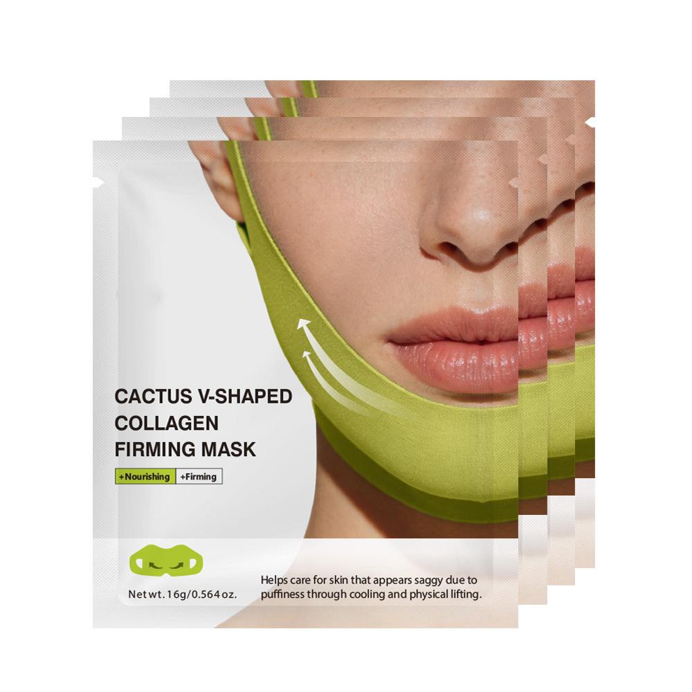 4pcs Cactus V-Shaped Collagen Firming Mask – Nourishing & Lifting Face Mask for Jawline Shaping, Double Chin & Neck