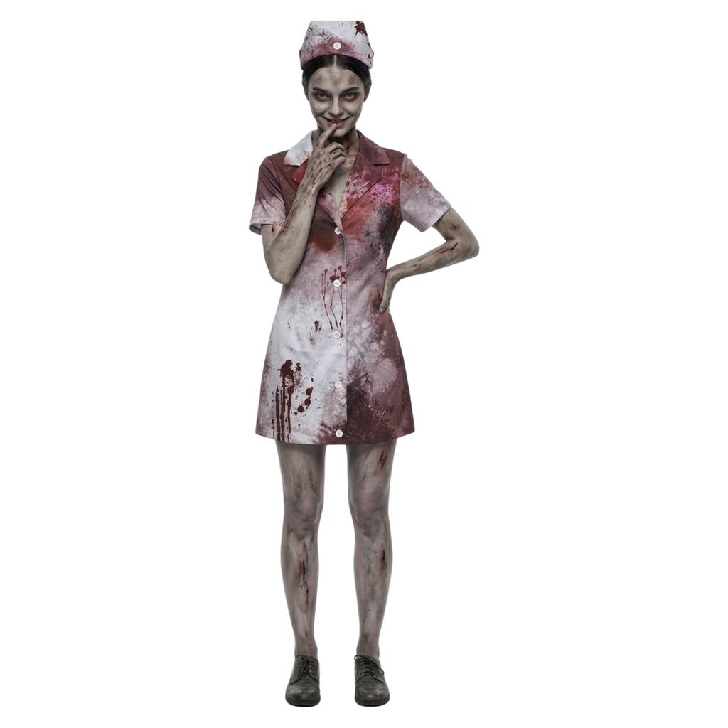 Adult Halloween Nurse Costume Dress Set Bloody Print Short Sleeve Button Front Mini Dress with Matching Hat for Costume Party Role Play