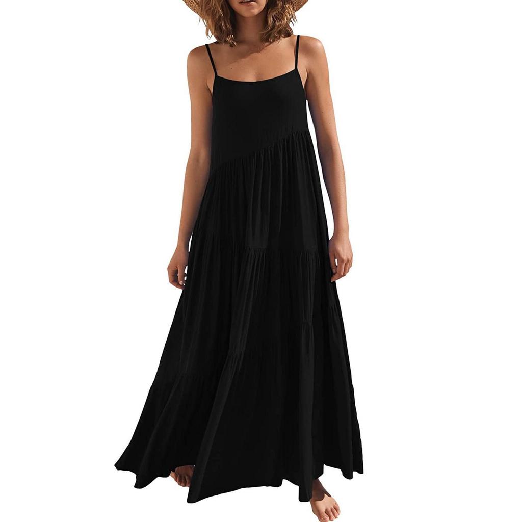 2026 Summer European Women's Pleated Irregular Strappy Long Beach Dress