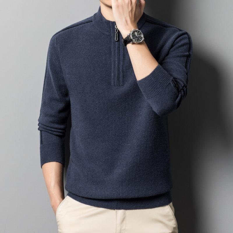 Wollpullover Herren Winter Warmer Herren-Kaschmirpullover Reißverschluss Halber Rollkragen-Strickpullover