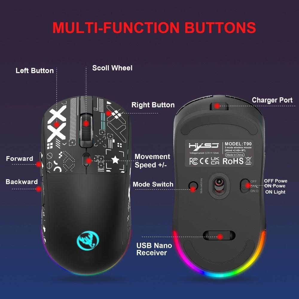 3-mode Wireless Gaming Mouse Colorful RGB Cool Print Laptop Wireless Mouse Ergonomic Silent Buttons Wireless Bluetooth Mouse