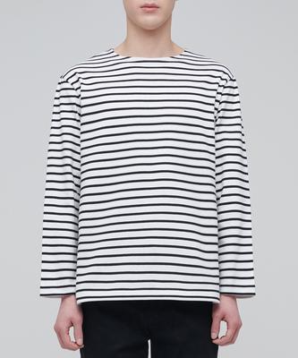 Striped Boat Neck Long Sleeve T-Shirt [Ivory/Black]