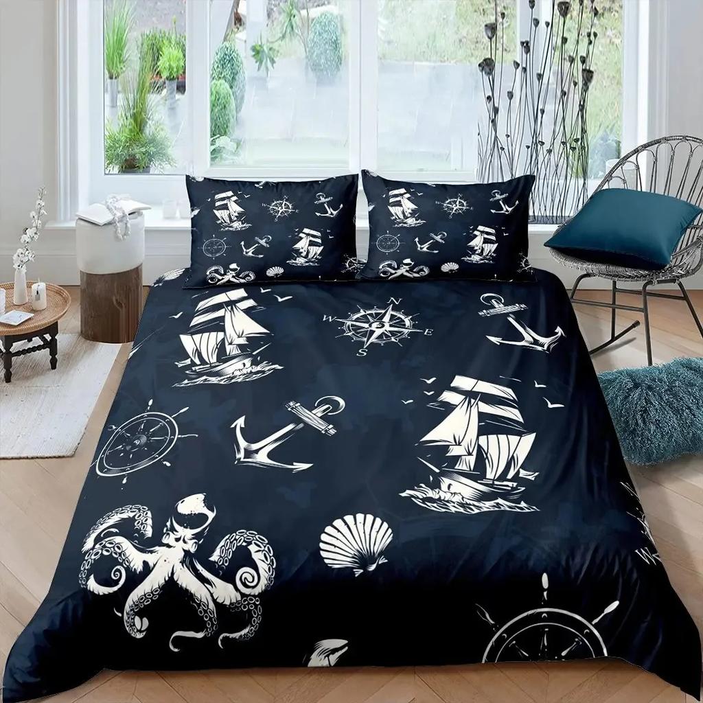 Nautical Duvet Cover Set Boat Pirate Bedding Set King Size Retro Sailboat Brown Comforter Cover Anchor Compass Vintage Quilt Set