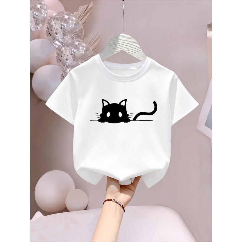 Kids Spring Summer Crewneck Tee, Cute Cartoon Cat Letter Print 110