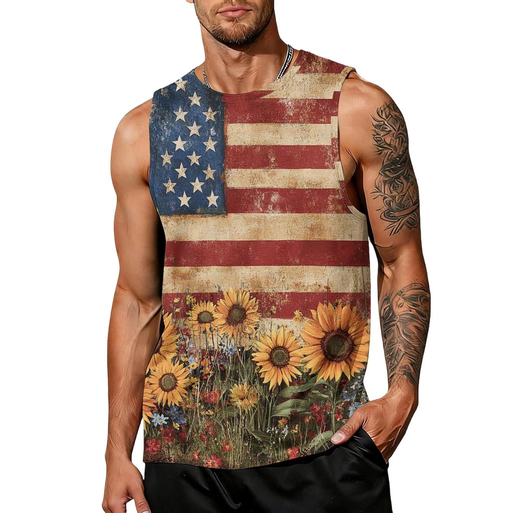 Men's casual trend colorful flag print tank top for men, men's sporty breathable sleeveless shirt