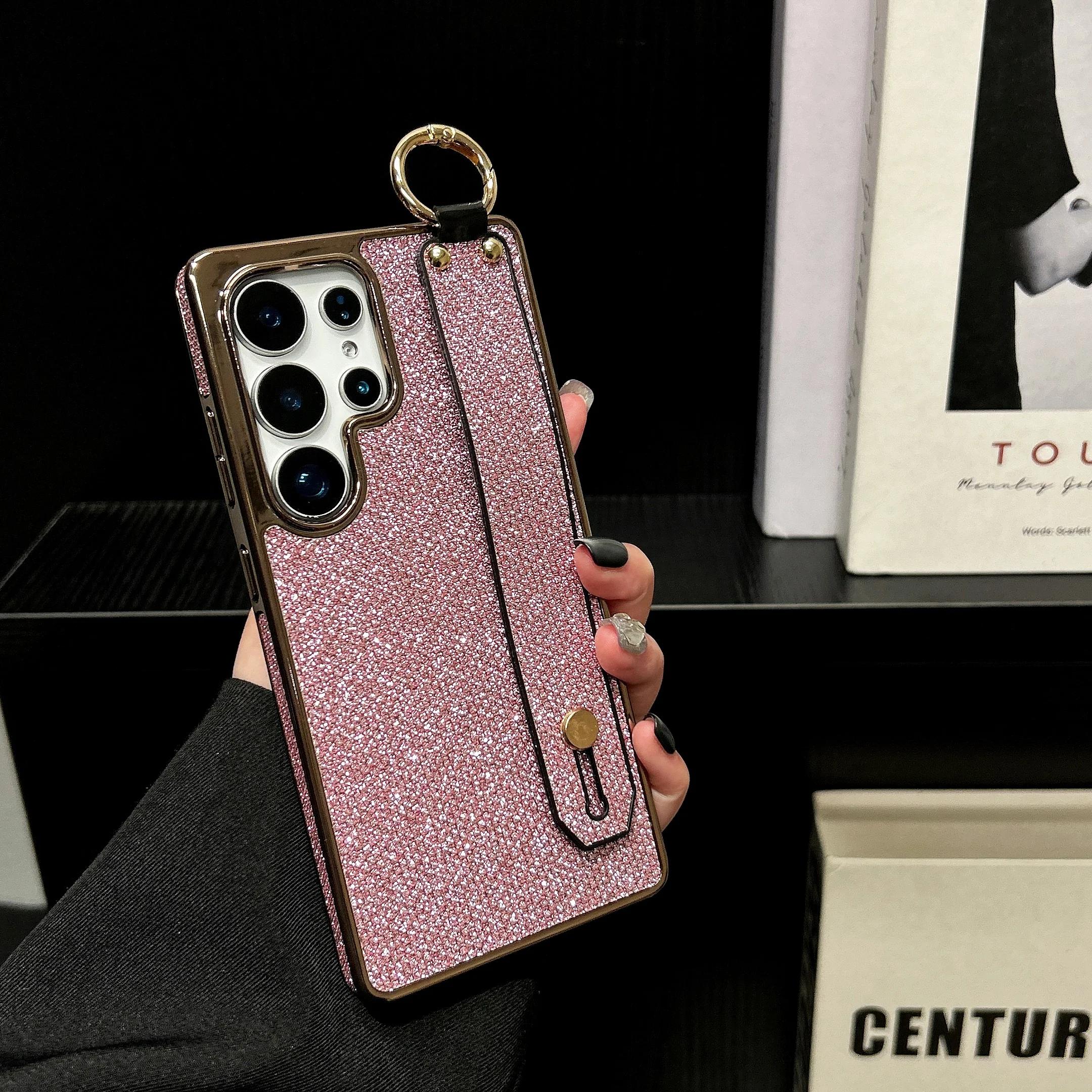 

Glitter Wristband Stand Plating Case for Samsung Galaxy S25 S24 Ultra S22 Plus S23 FE Hand Wrist Strap Bracket Solid Color Cover Galaxy S22 Ultra 5G
