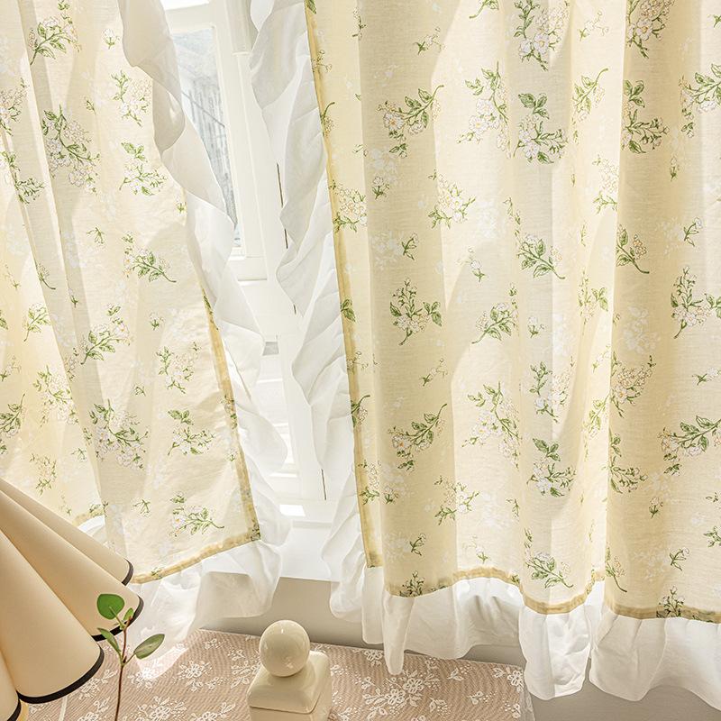 Curtains for Living Room Luxury Farmhouse Curtains Cotton Floral Ruffle Trim Privacy Drapes for Semi-blackout Vintage Chic Decor