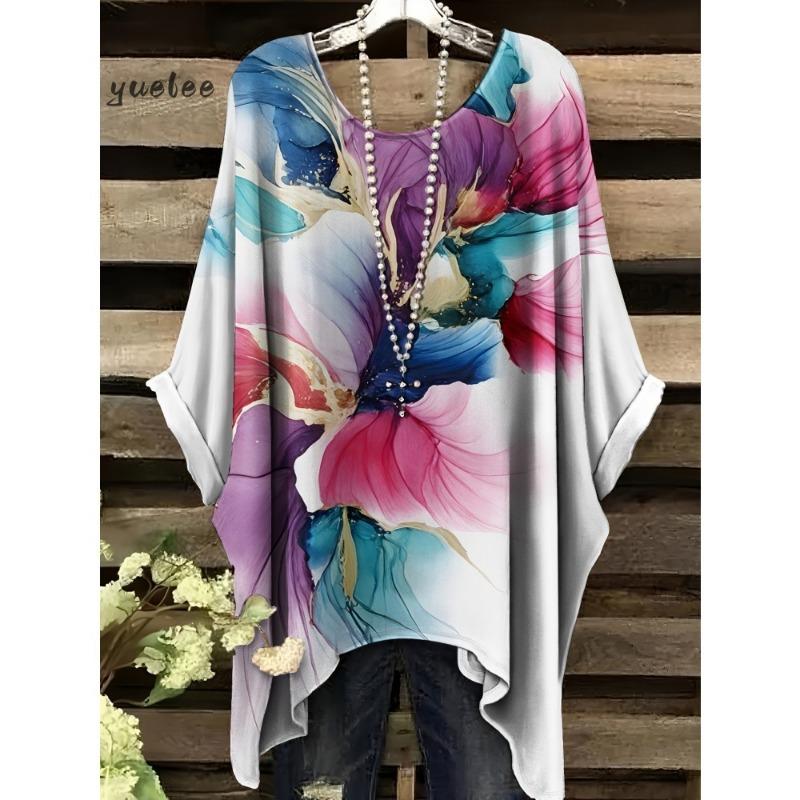 Camiseta para Mujer Estampado Floral Colorido Cuello Redondo Top Dobladillo Irregular Manga Corta Talla Grande Ropa para Mujer Casual al Aire Libre