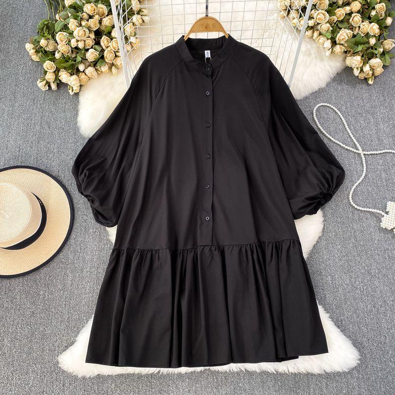 

Lantern Long Sleeve Stand Collar Single Breasted Casual Dress Black All yards