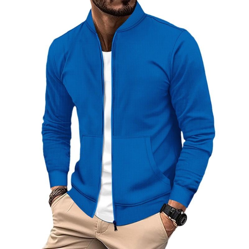 European and American ins men's autumn and winter new waffle solid color zipper baseball jersey pocket long-sleeved jacket