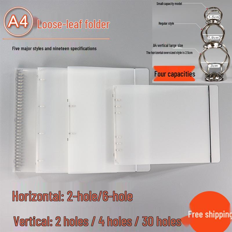 Frosted A4 Twill Ring Binder Planner - 2, 4, 6, or 30-Hole PP Plastic Transparent Cover A4 8-hole Standard with Strap (120 sheets)