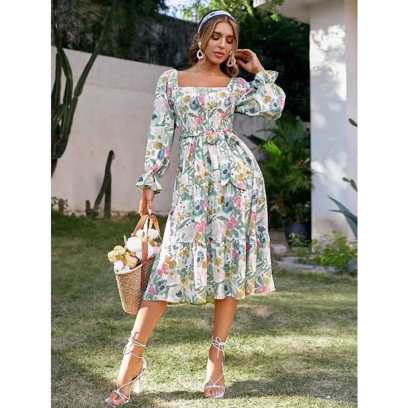 BITCED Fashion Summer Spring Long Sleeve Square Collar Casual Dresses