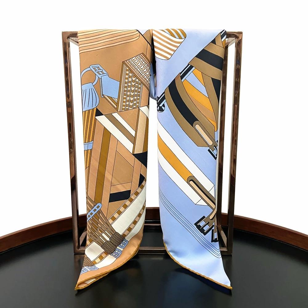 90cm Twill Silk Scarf For Ladies Manual Hand Rolled Square Belt Chain Scarves Luxury Women Echarpes Foulards Wrap Bandana Hijab
