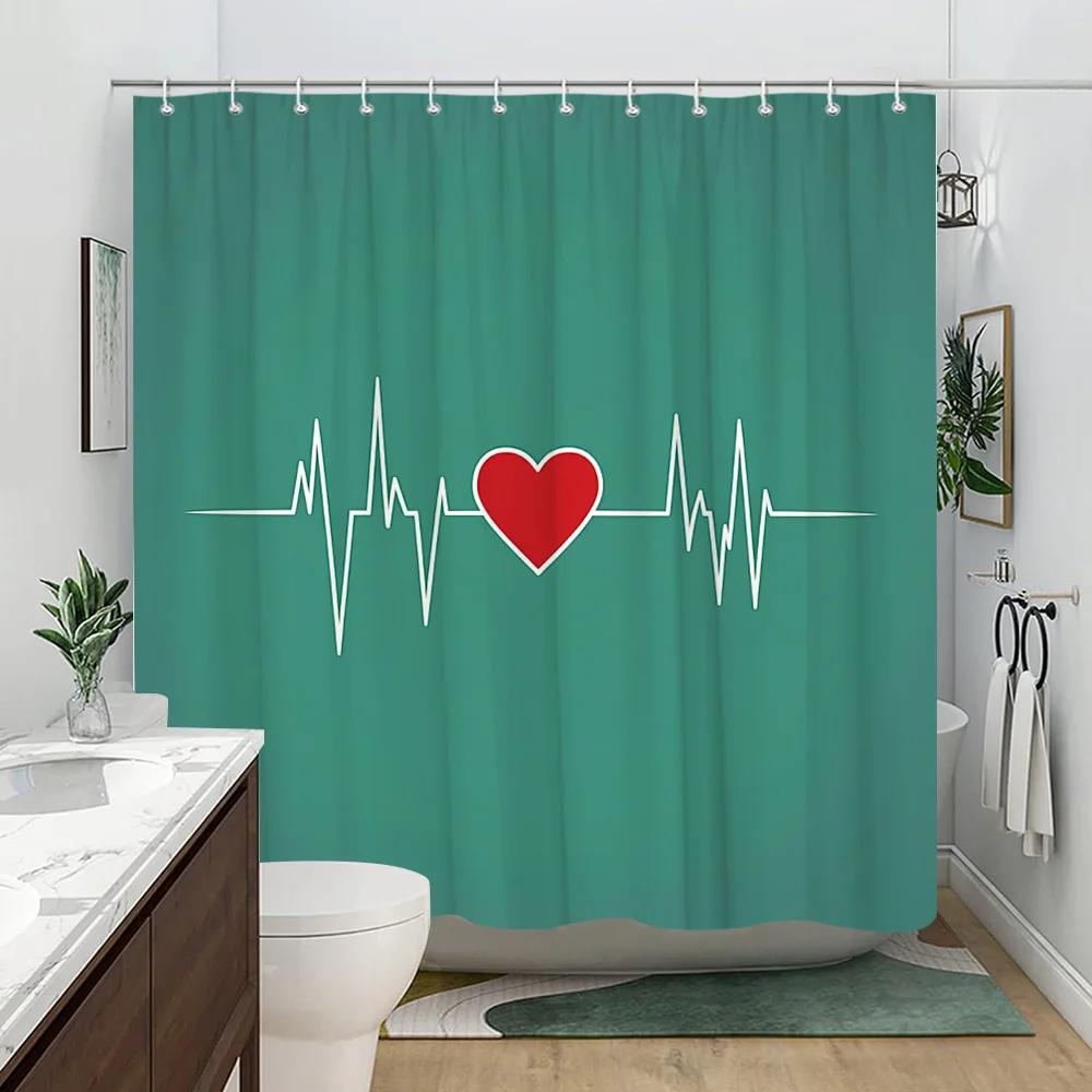 Heart Rate Monitor & Love Shower Curtain, Bold Teal Design with White Heart Line,12 Hooks, Modern Bathroom Decor