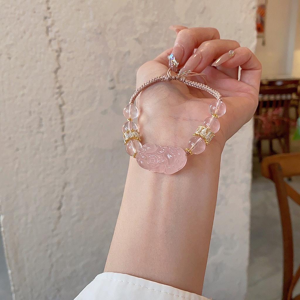 Zhang Junning's same style natural pink crystal bracelet for women, hibiscus stone, horse pink crystal Pixiu bracelet, peach blossom bracelet