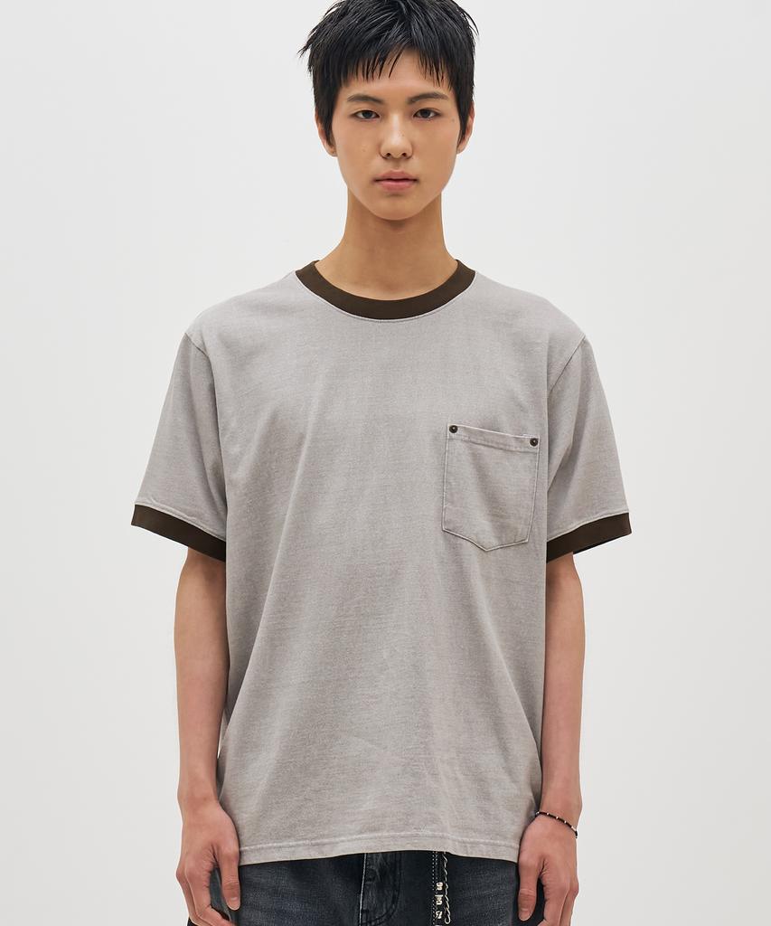 BASEMOMENT Pigment Washing Ringer Pocket Tee Cement Gray