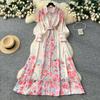 French Style Retro Elegant Shirt Dress Women Single-breasted Flower Print Long Party Dress Female Casual Chic Festival Clothing New