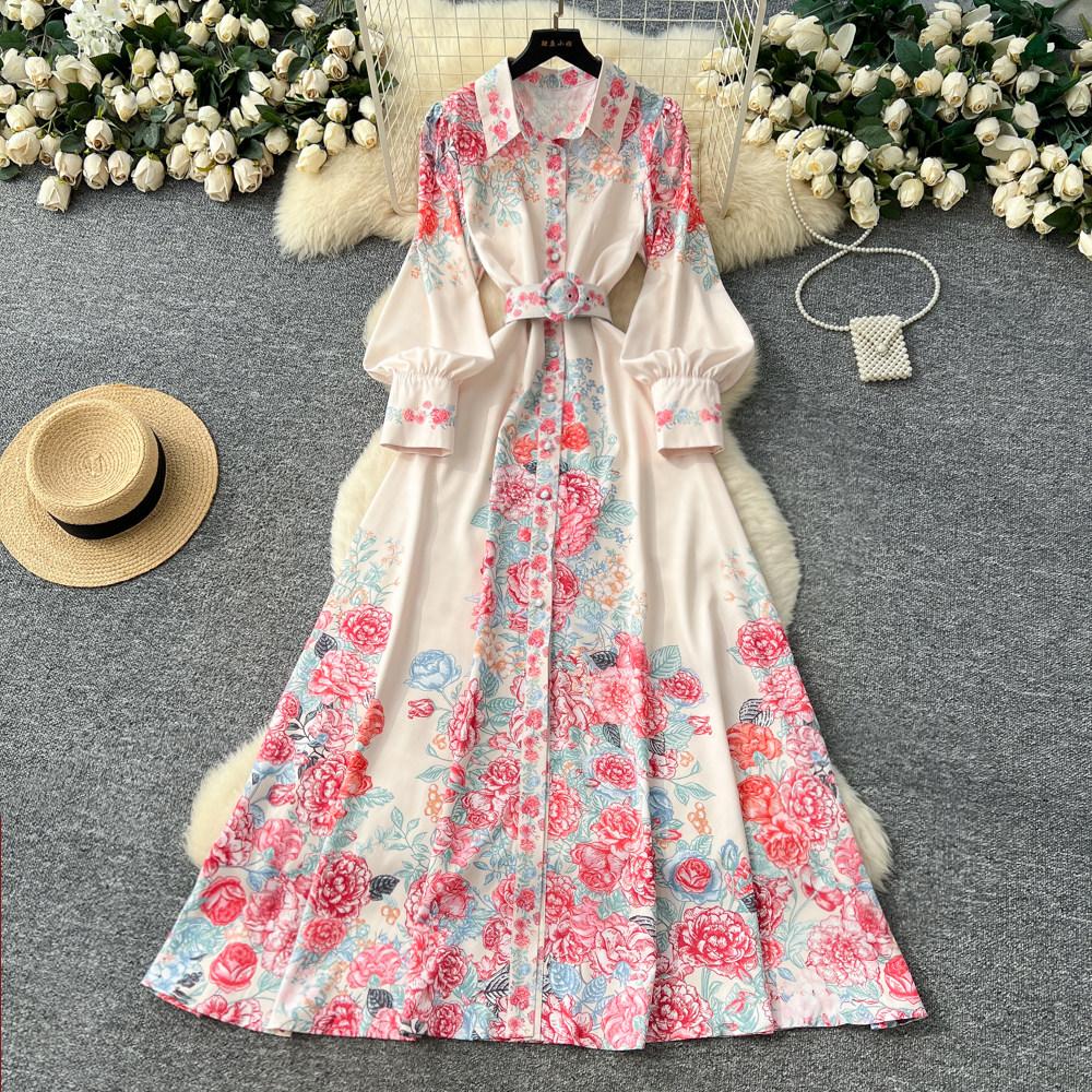 French Style Retro Elegant Shirt Dress Women Single-breasted Flower Print Long Party Dress Female Casual Chic Festival Clothing New