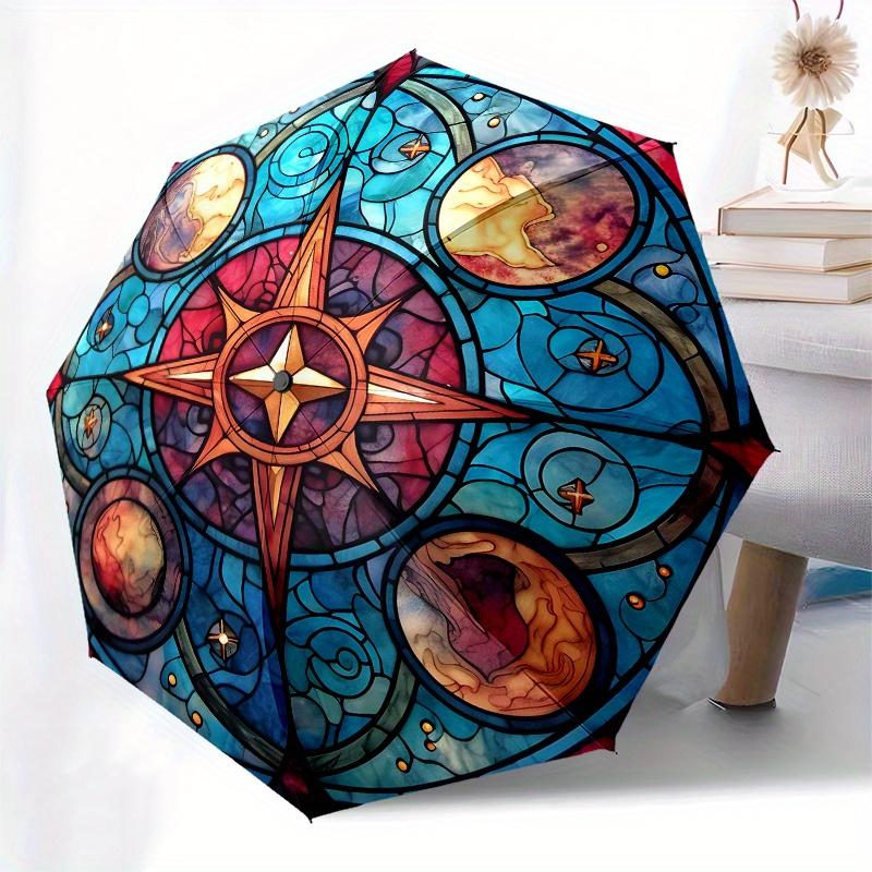 Stained Compass Rose Window ArtUmbrella, Portable 3-Fold Compact Umbrella for Men & Women Gift