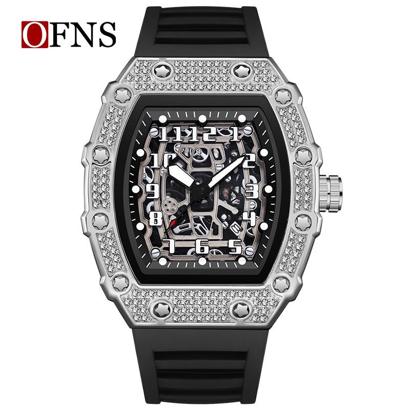 OFNS Men s Skeletonized Barrel Watch: Waterproof Quartz, Creative Diamond Inlaid, Sports, Casual with Calendar.
