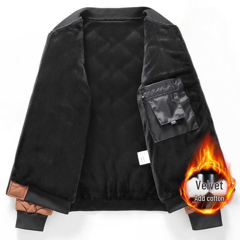 Men's Plus Size Cotton Padded Stand Collar Windbreaker - Fleece Lined, Casual Loose Fit for Spring and Autumn