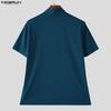 INCERUN Summer Men Stand Neck Short Sleeve Zipper Splits Fitted Casual Tops T-shirts