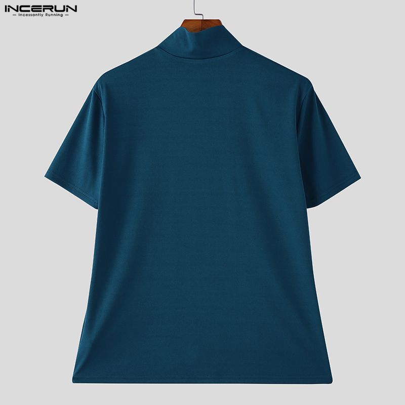 INCERUN Summer Men Stand Neck Short Sleeve Zipper Splits Fitted Casual Tops T-shirts