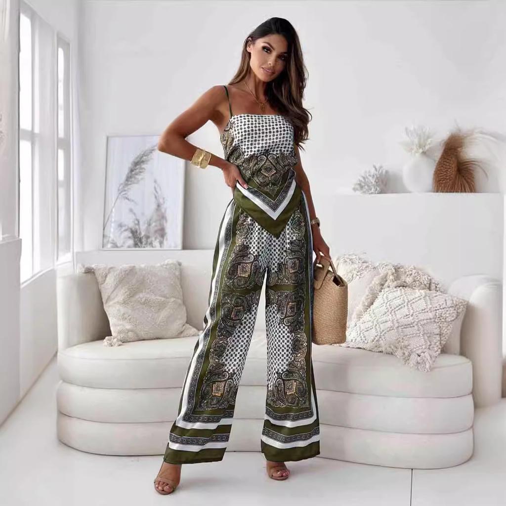 Letní dámská móda Tištěný bez rukávů Ramínka Obepínající hrudník Sexy ramínka Otevřená záda+Umístění Květinový kalhotový set Dvoudílný set