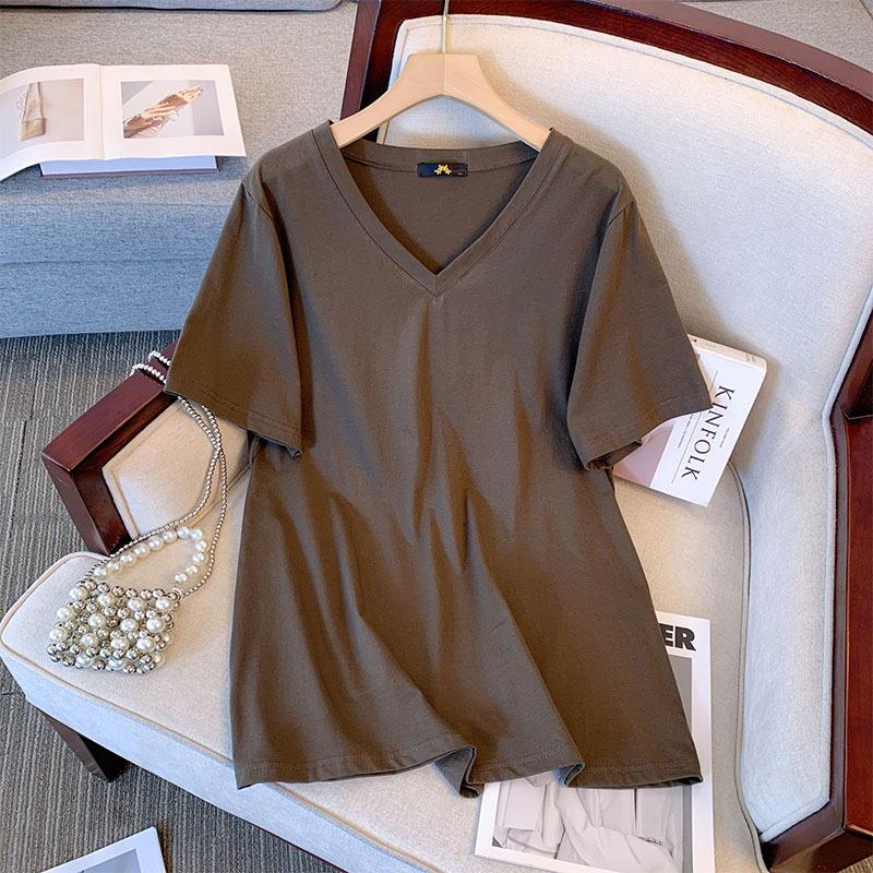 Women's Plus Size T-Shirt Summer Cotton Short Sleeve Loose V-Neck Top