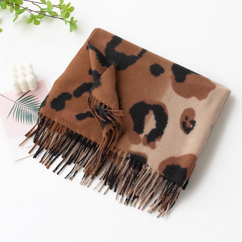 New Soft and Warm Faux Cashmere Leopard Print Fringed Scarf A High End Women's Scarf Shawl