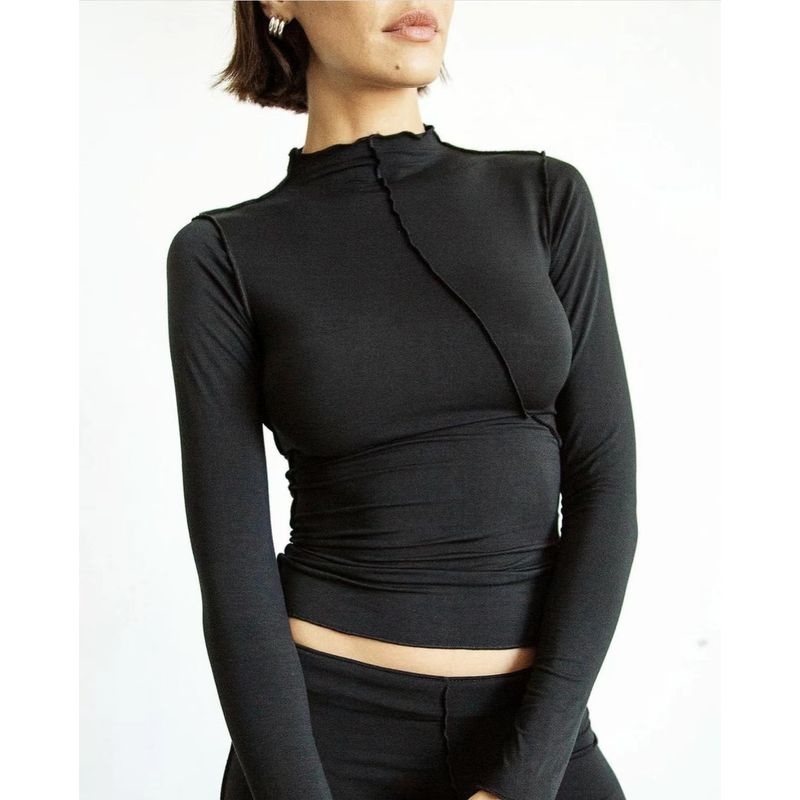 

Fashion Sexy Tight Decorative Line Turtleneck Tops Long Skirt Suit Long Sleeve Top Skirt Suit Black Tops M