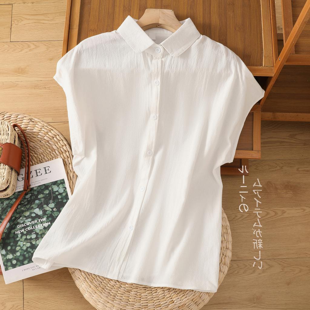 2025 Summer New Literary Cotton Solid Color Women's Shirt Loose Retro POLO Neck Small Flying Sleeve Cardigan Top