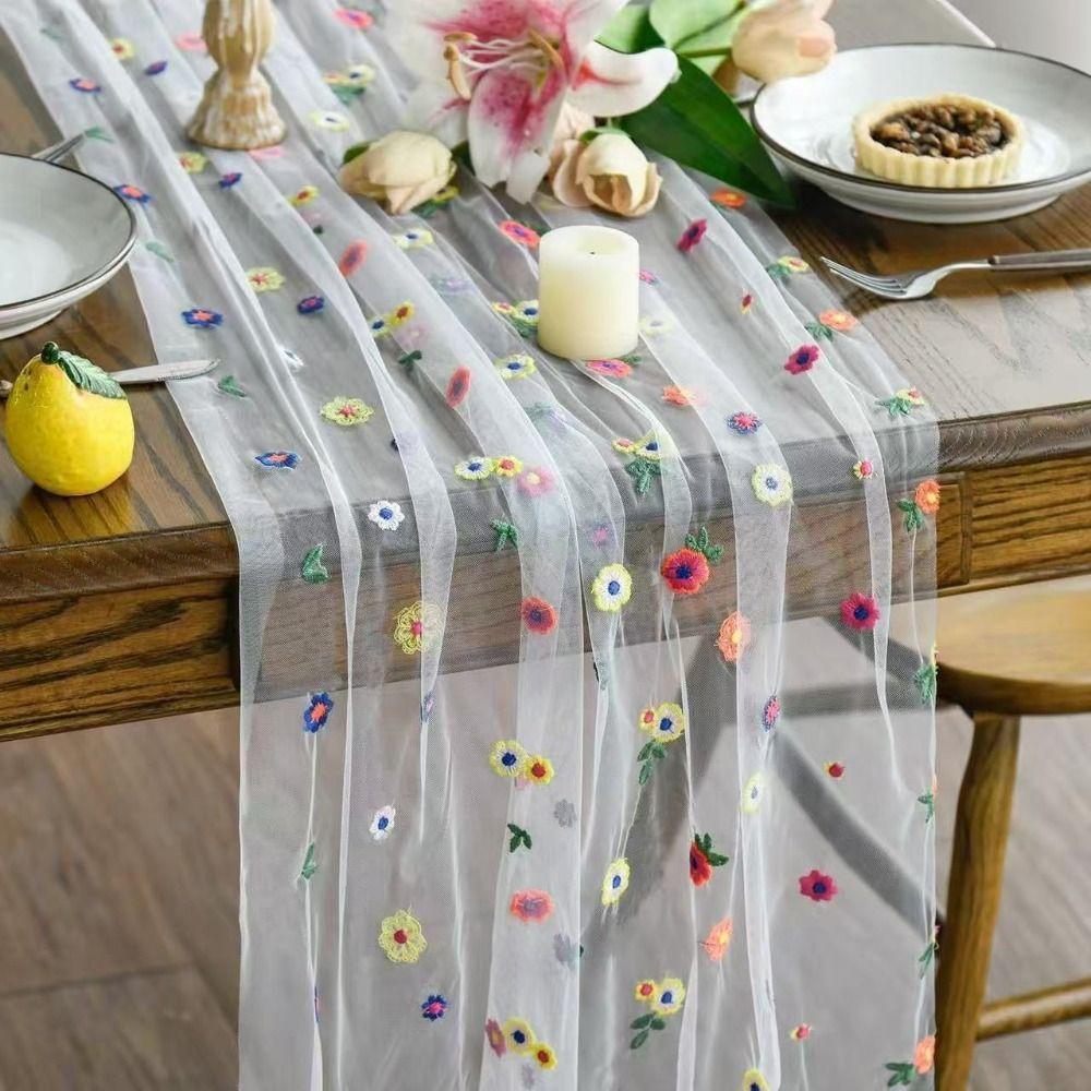 Semi-Transparent Tulle Table Runner Boho Floral Tablecloth  Holiday Decoration