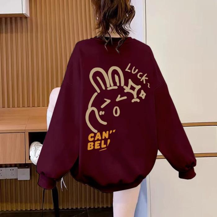 Foreign style age-reducing crew neck sweater for women's Japanese lazy style loose velvet large size cartoon printing