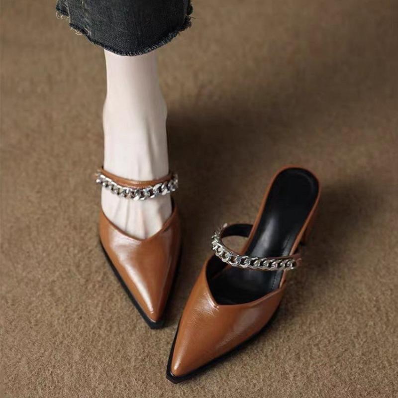 Fashion Summer New Baotou Sandals Pointed Toe Shallow Mouth Metal Chain One Slip Strap Anti-slip Outer Wear Square Heel High Heels