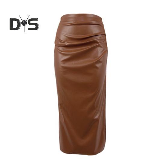 

Юбка миди из искусственной кожи, женская универсальная однотонная облегающая юбка с разрезом и плиссированным дизайном, повседневная одежда S верблюд