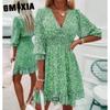 GMXIA Summer Floral Print Mini Dresses Women Vintage Sexy A-Line V-Neck Half Sleeve Party Dress Female Casual Elegant Beach Dress