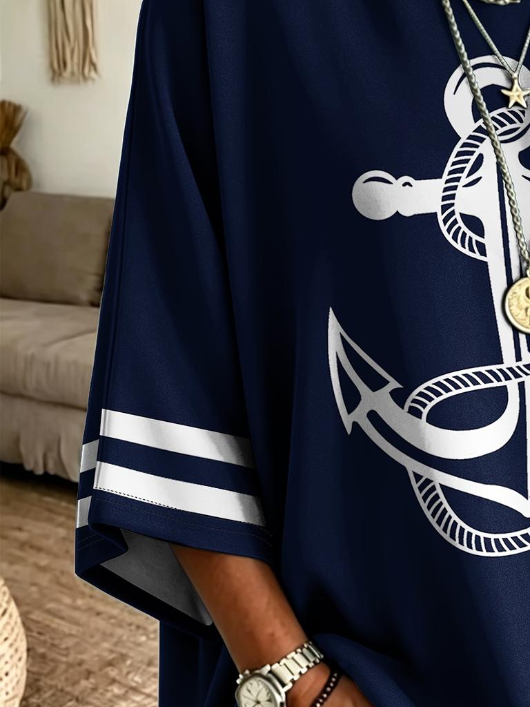 Plus size anchor print loose sweatshirt for women navy blue three-quarter sleeve European
