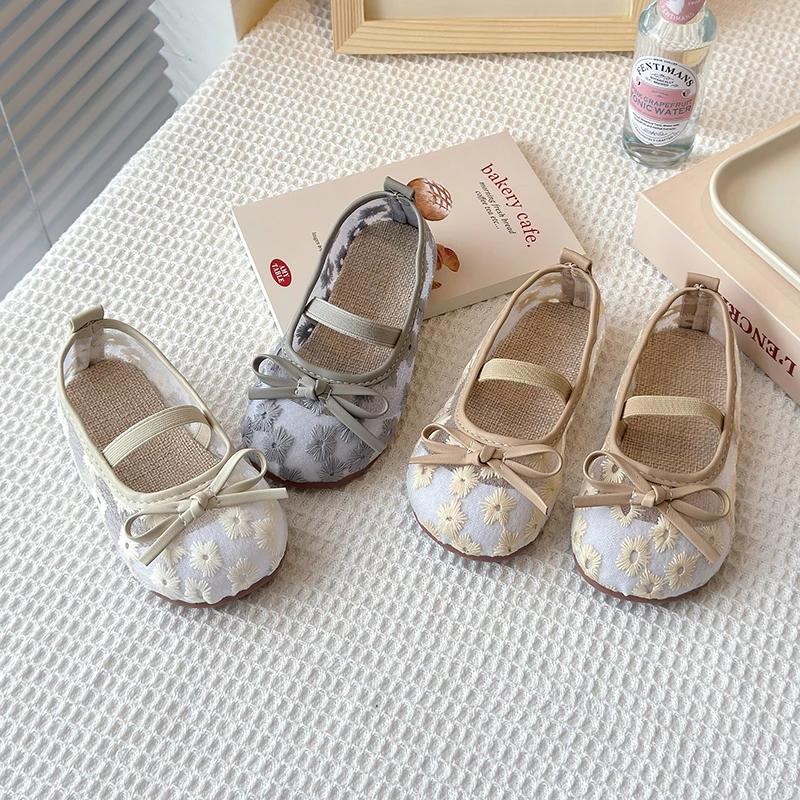 Floral Embroidery Lace Ballet Flats Sandal Baby Girls 2025 Summer New Breathable Mesh Ballerinas Kids Cute Non-slip Party Shoes