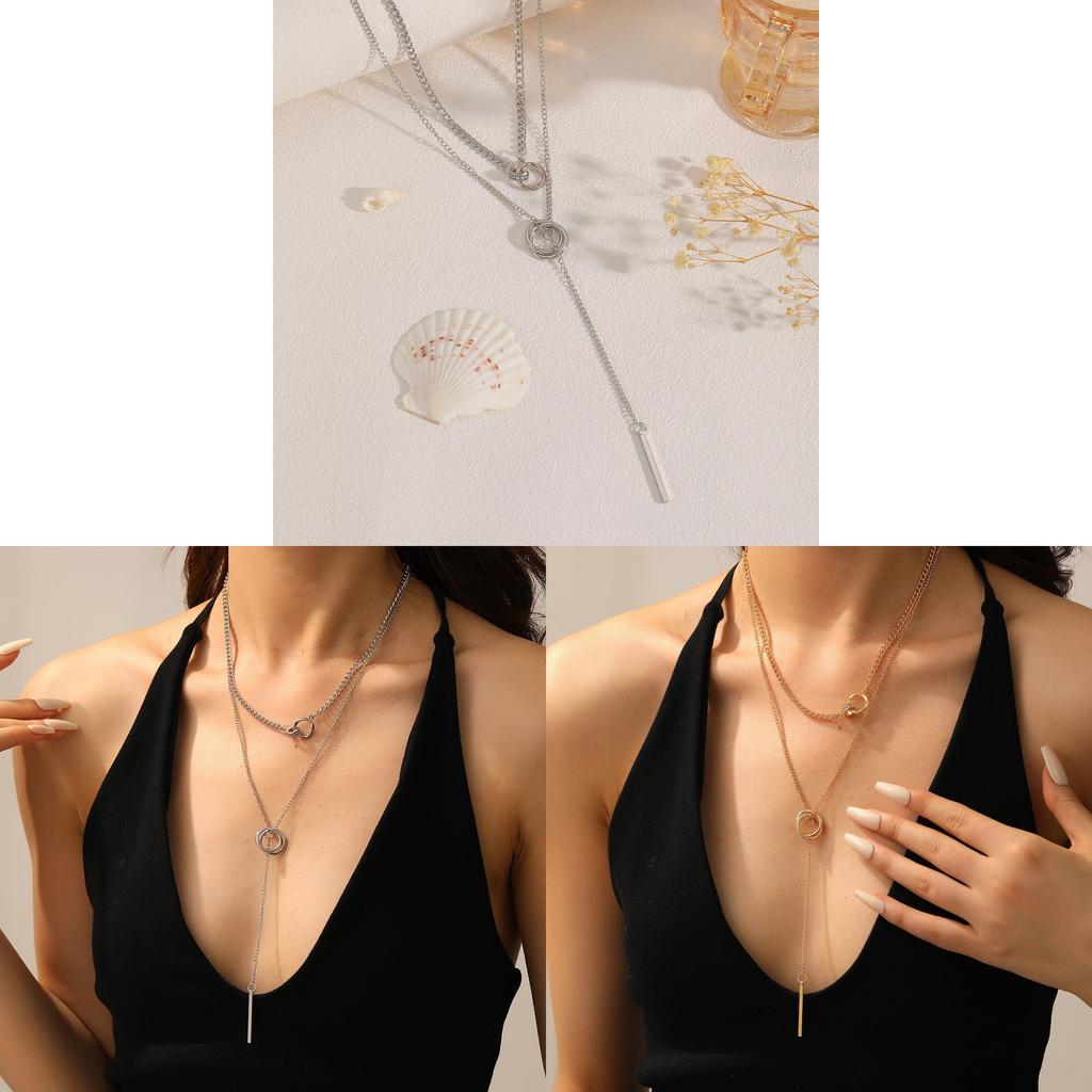 Geometric Long Chain Necklace With Double Circles For Women Summer Fashion Accessory