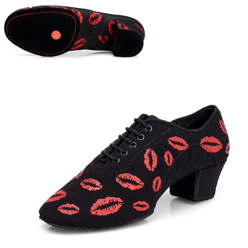 Lip Print Latin Dance Shoes Women Oxford NET Cha Cha Dance Shoes Ballroom Dancing Shoes Mesh Sneakers Canvas Square Shoe Woman
