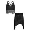 Women‘s Latin Dance Set V Neck Sleeveless Fringe Top Crisscross Back with Irregular Hem Color Block Skirt for Cha Cha Tango Stage Show