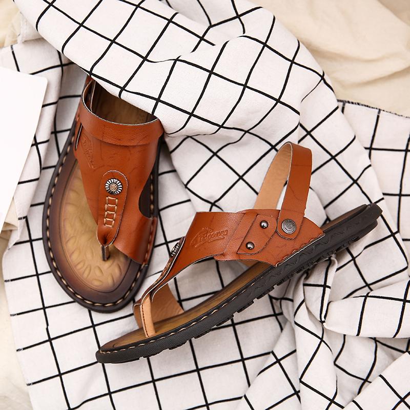 2024POLALI Men'sgenuine Leather Two-layer Leather Men's Beach Sandals  Casual Shoes Flip Flops Sports Shoes Summer Slippers