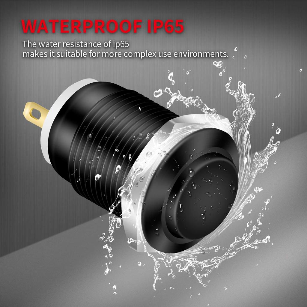 6pcs 12V Momentary Push Button Switch Waterproof Black Metal 12mm 1/2'' Small Round Power Pushbutton 2 Pin Push ON
