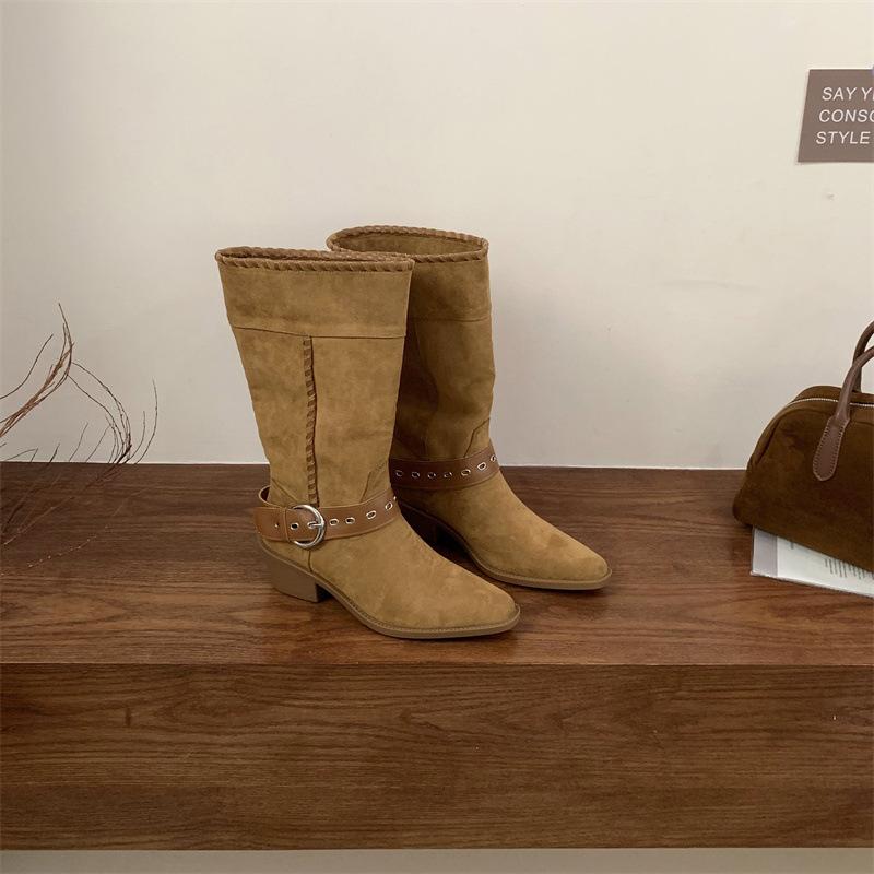 Retro two-wear knight boots 2025 autumn and winter new pointed braided belt buckle thick heel flanged boots women
