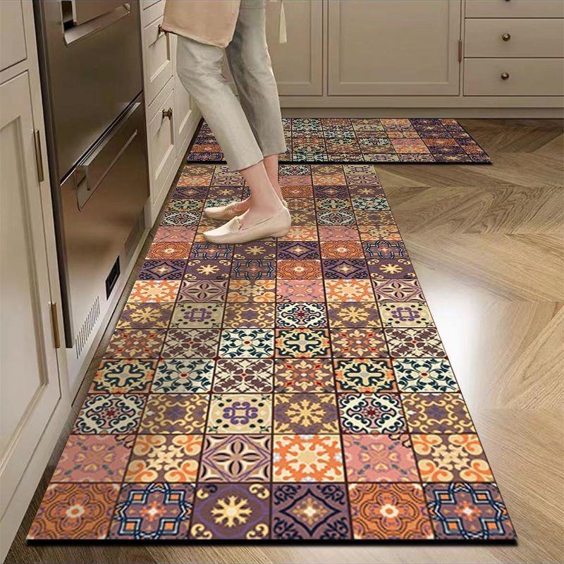 Carpet for Kitchen Pvc Leather Non-slip Floor Mat Long Strip Waterproof Oil-proof Mats Retro Colorful Plaid Style Decorative Rug
