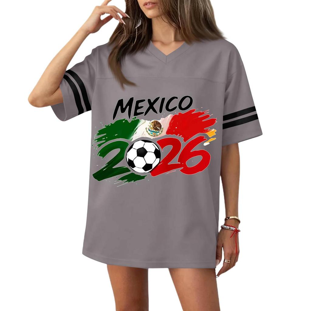 Women V Neck Short Sleeve Soccer Jersey Style Top with Football Flag Print Casual Loose Fit T Shirt for Sports and